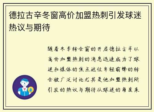 德拉古辛冬窗高价加盟热刺引发球迷热议与期待